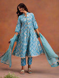 Blue Embroidered Bandhani Printed Festive Anarkali Kurta Set With Dupatta