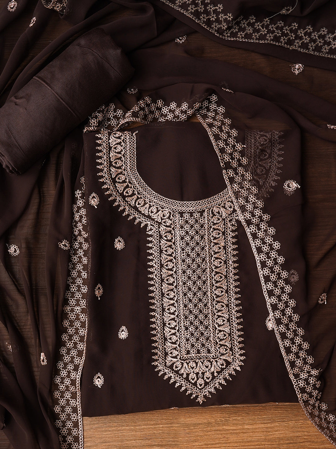 Brown Unstitched Embroidered Silk Georgette Dress Material With Dupatta