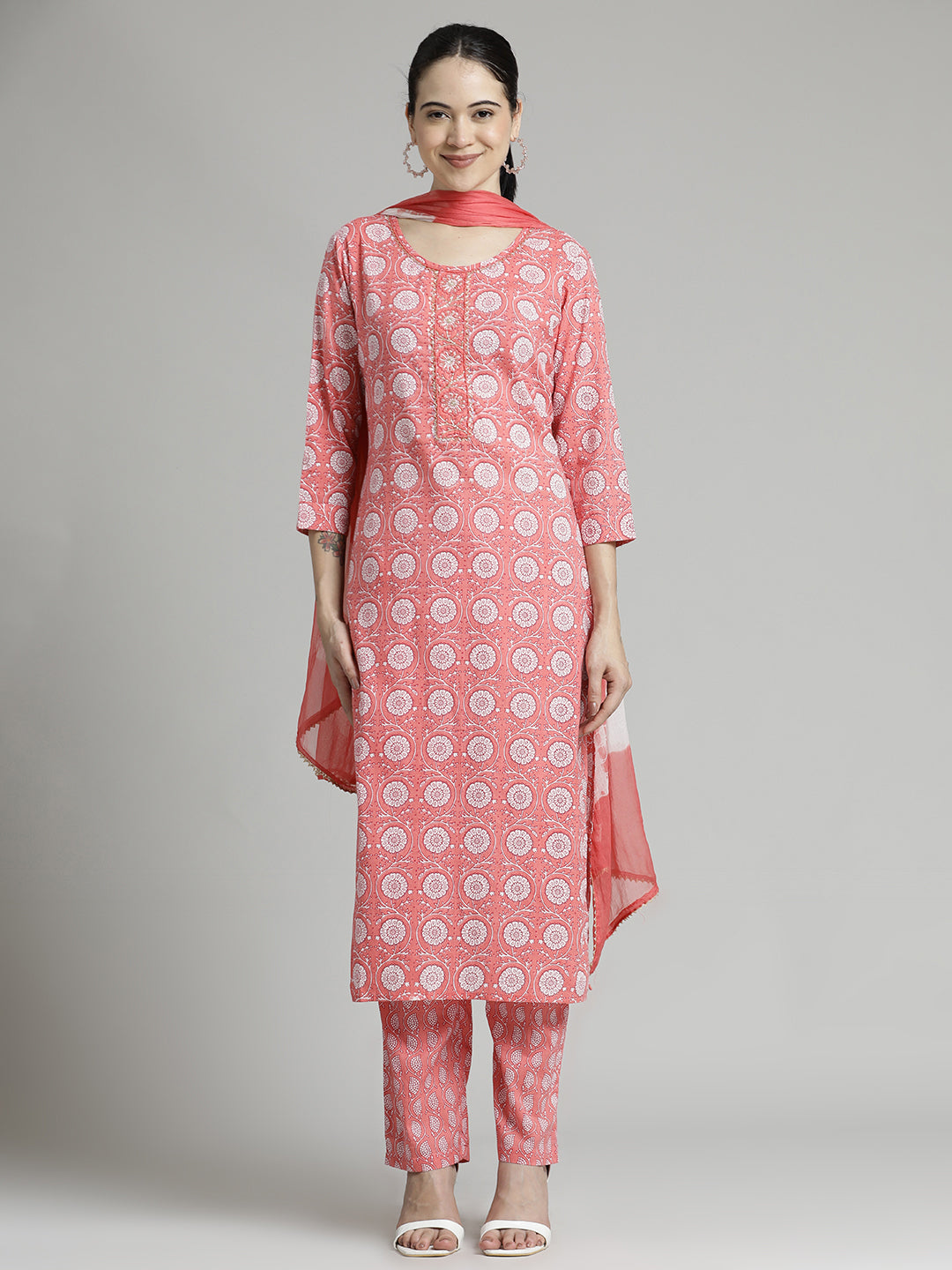 Ethnic Floral Printed Cotton Kurta Set With Dupatta