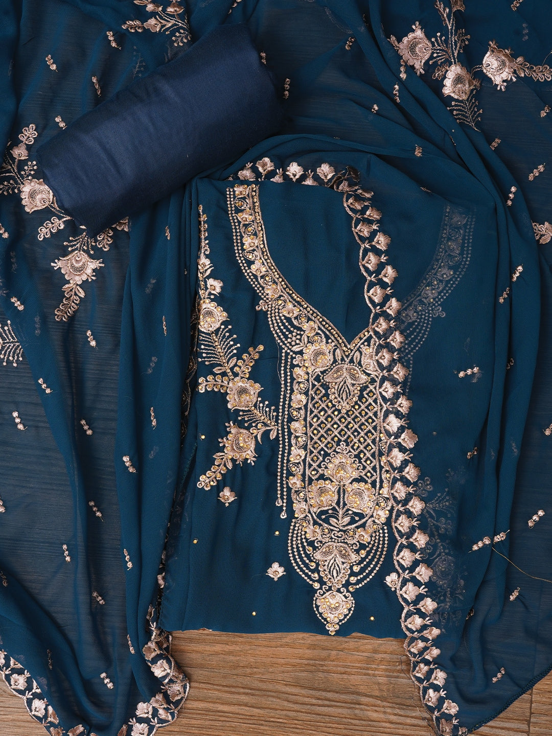 Blue Zari Silk Georgette Dress Material with Dupatta