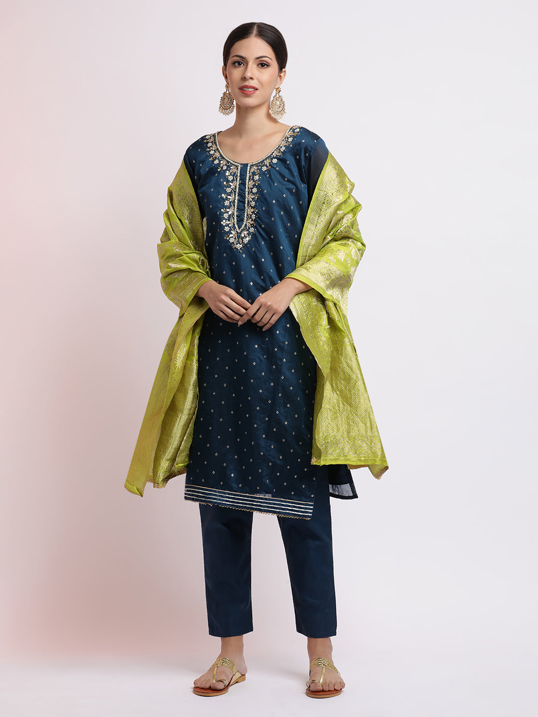 Teal Embroidered Cotton Blend Kurta Set With Dupatta