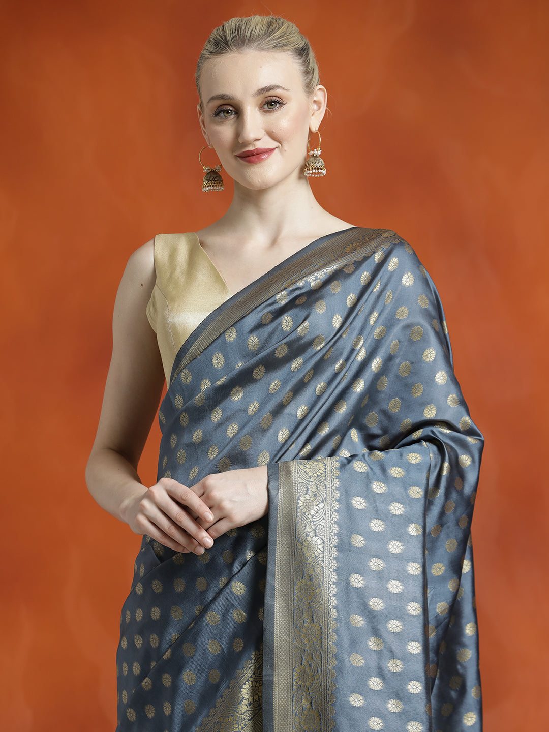 Grey Heavy Banarasi Zari Woven Silk Blend Saree