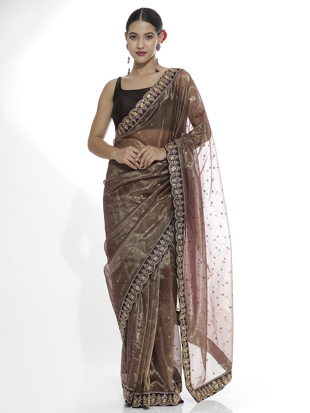 Brown Sequin Embroidered Net Party Wear Saree