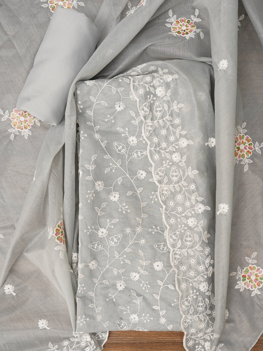 Grey Cotton Lucknowi Embroidered Dress Material with Dupatta