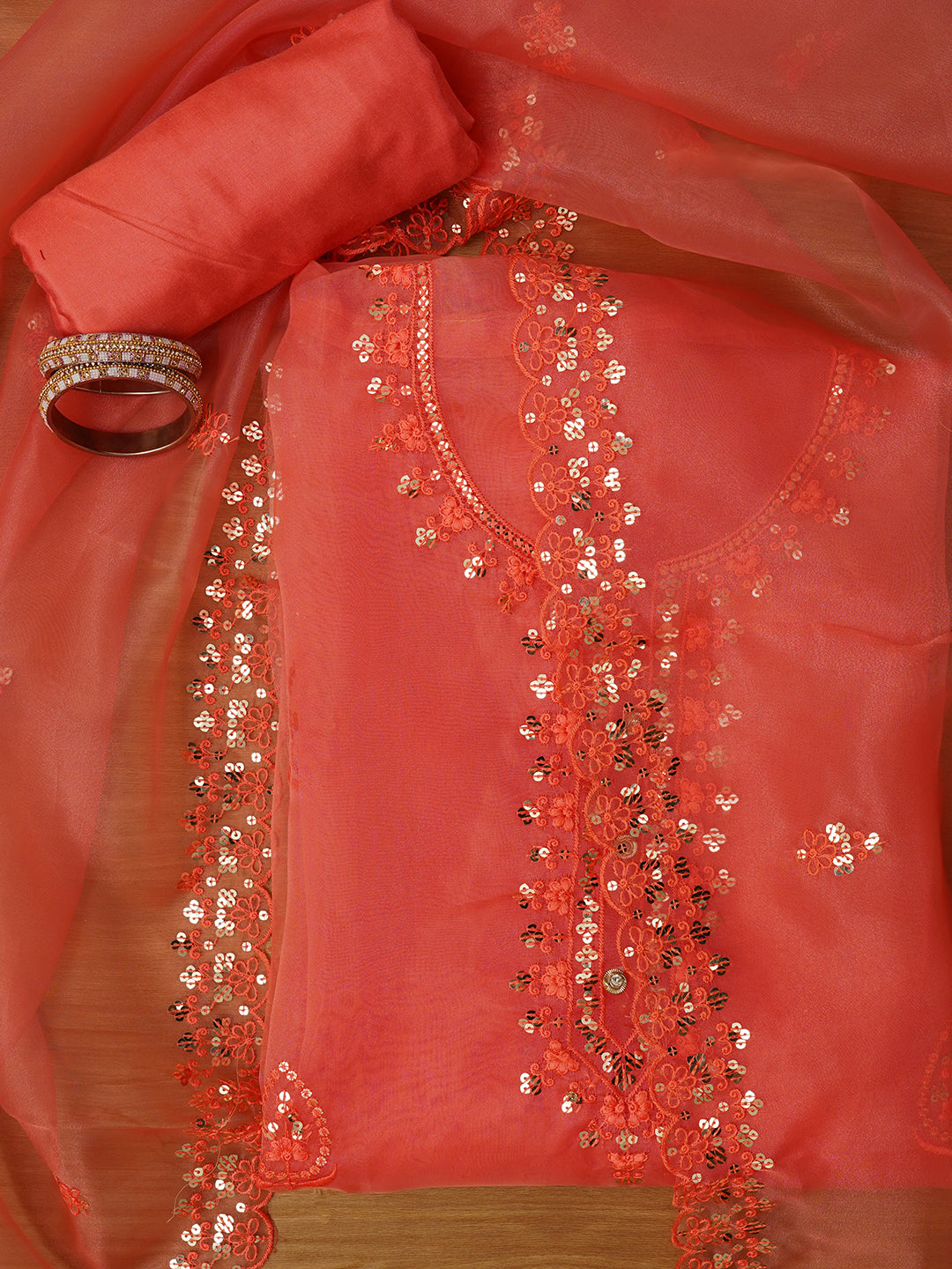 Peach Unstitched Embroidered Organza Dress Material With Dupatta