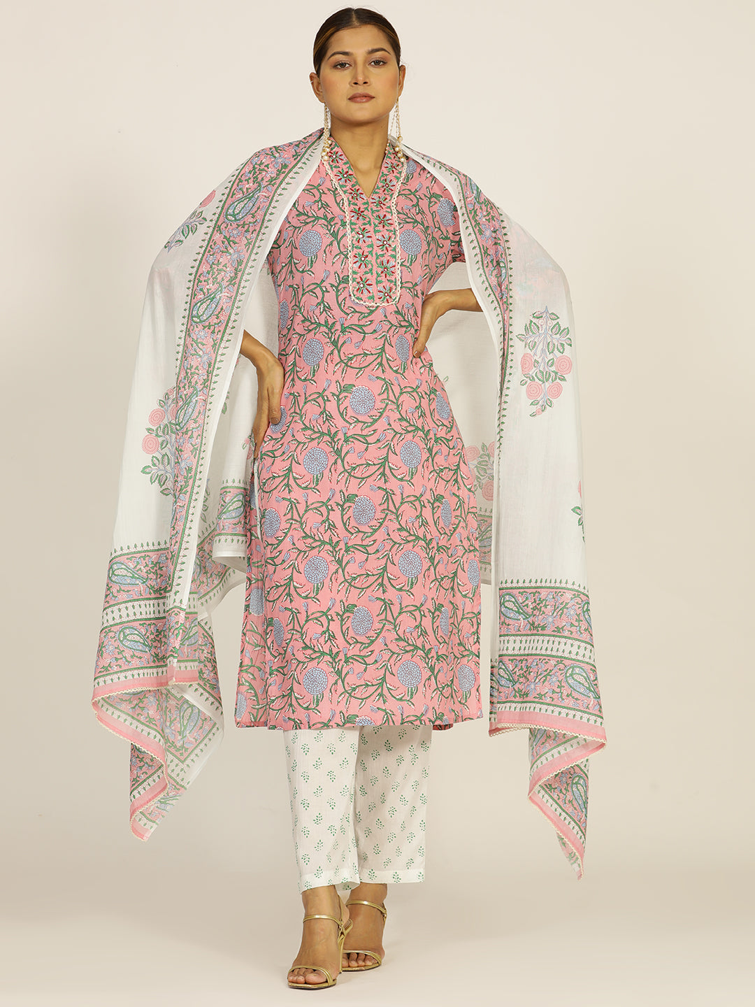 Pink Ethnic Motif Cotton Hand Embroidered Suit Set