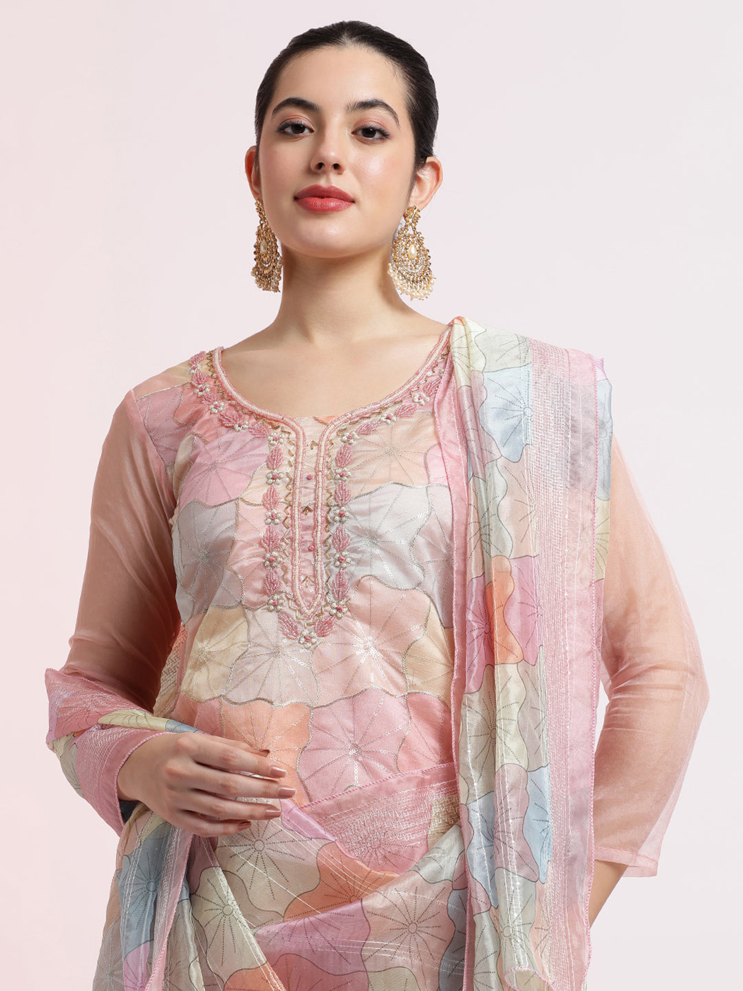 Floral Embellished Organza Festive Kurta Set With Dupatta