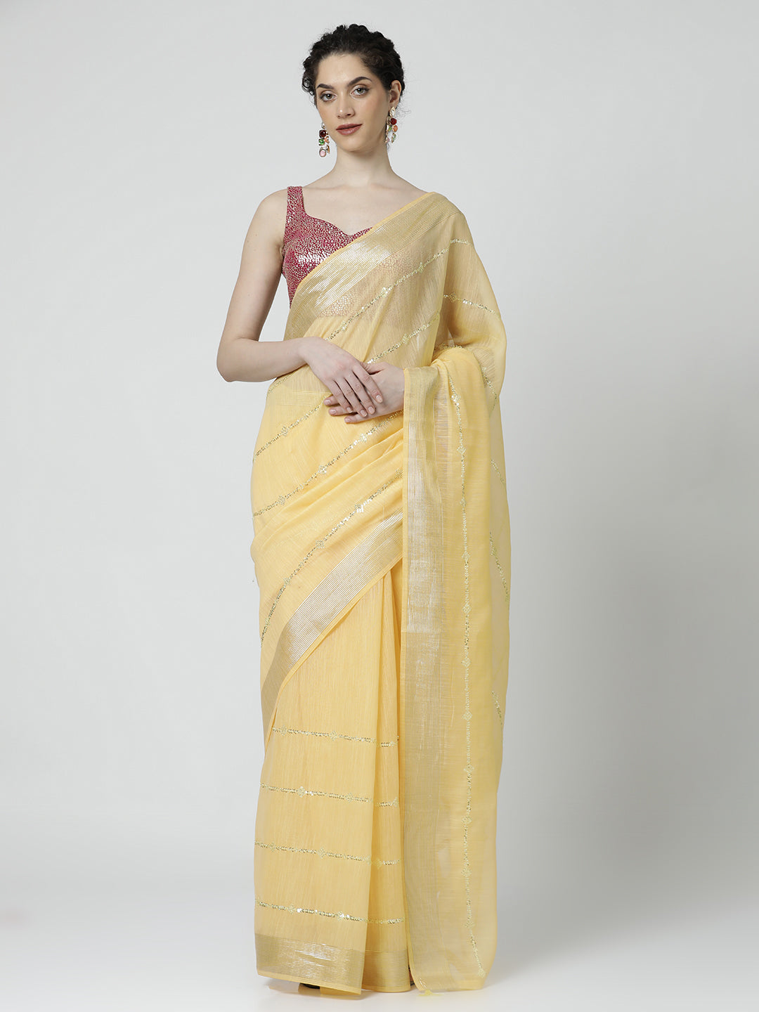 Cotton Blend Woven Design Embellished Saree