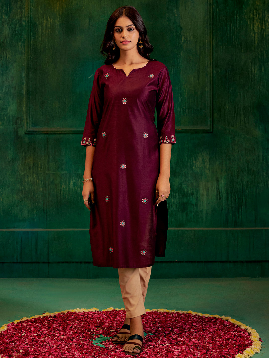 Burgundy Self Woven Embroidered Straight Kurta