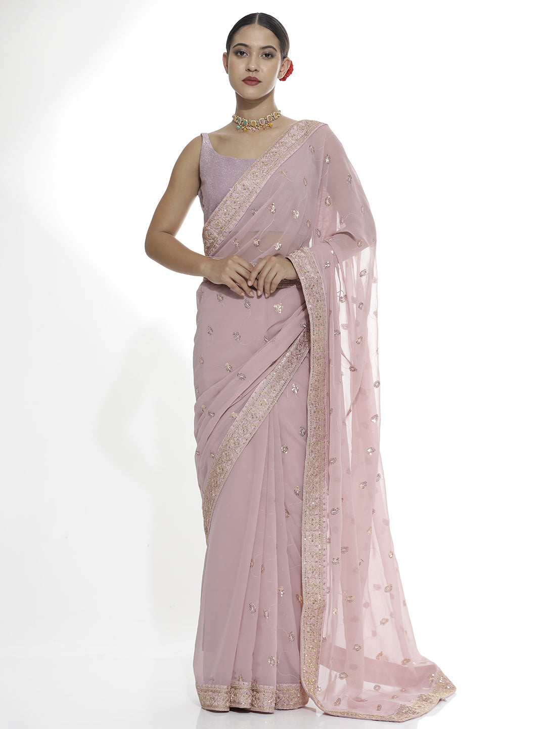 Pure Georgette Sequin Saree With Belt