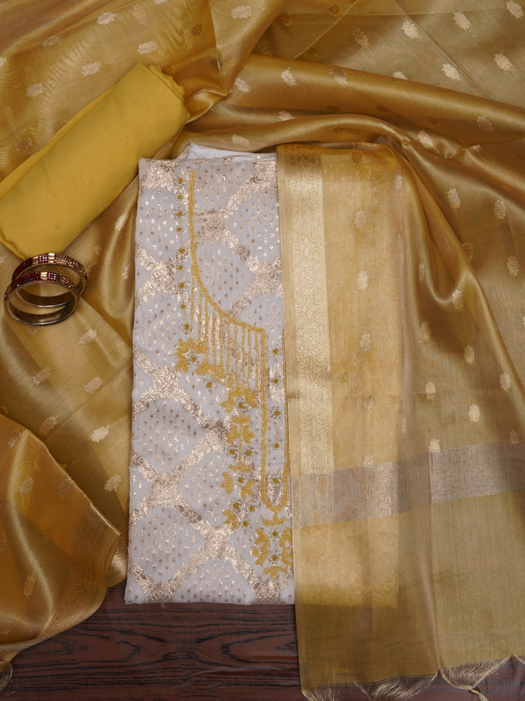 White Zari Woven Cotton Blend Dress Material with Dupatta