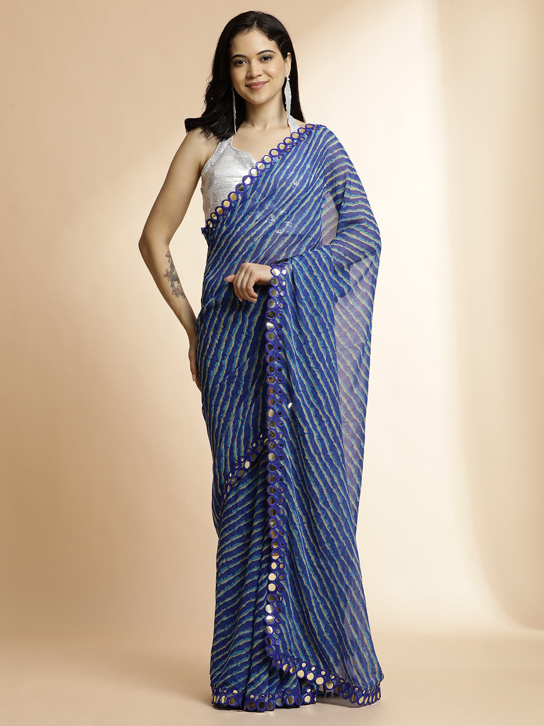 Blue Chiffon Leheriya Mirror Work Saree