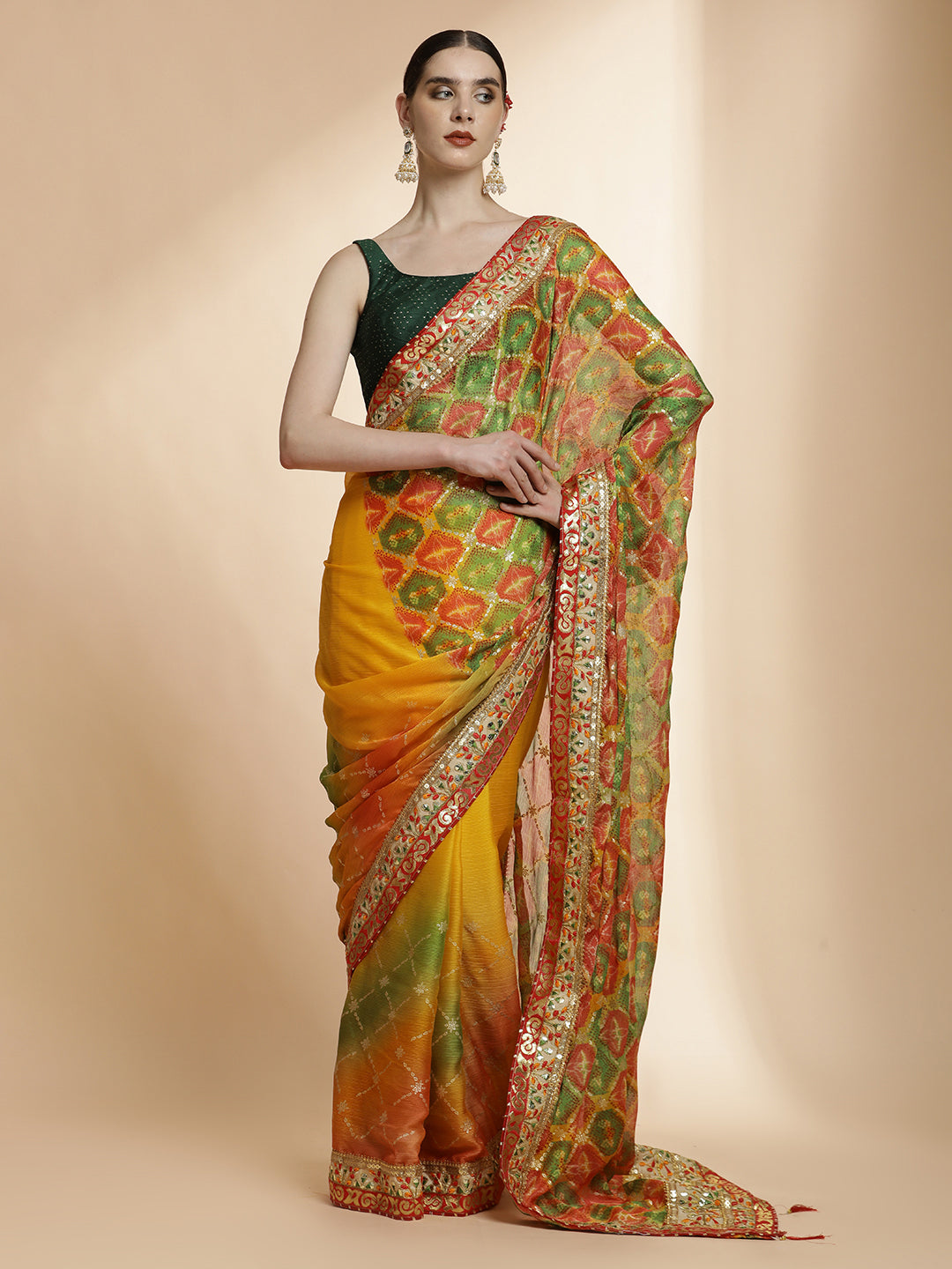 Multicolour Traditional Embroidered Bandhani Pure Georgette Saree