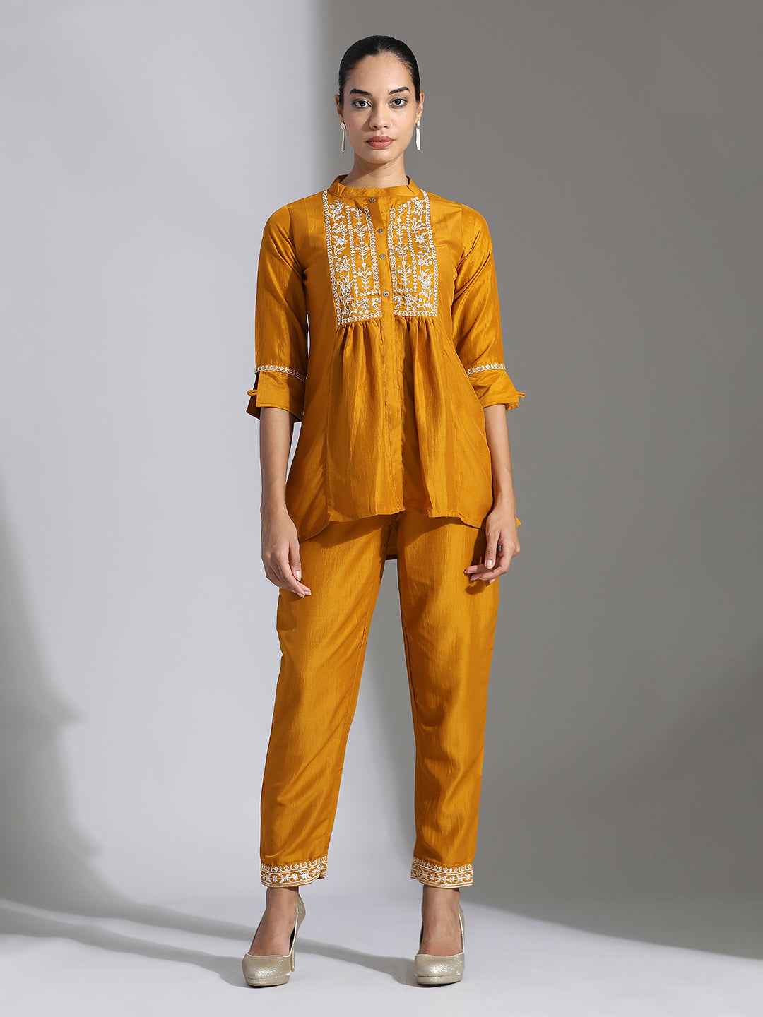 Mustard Chinon Floral Embroidered Top With Trousers Co-ord Set