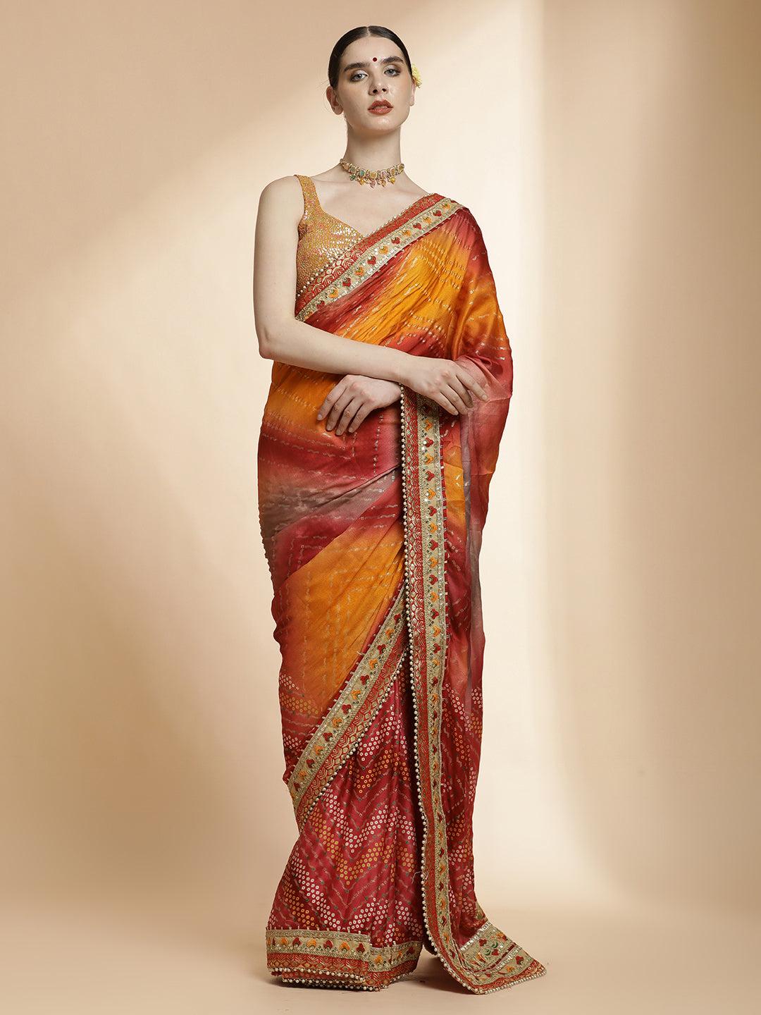 Traditional Bandhani Embroidered Yellow Pure Georgette Saree