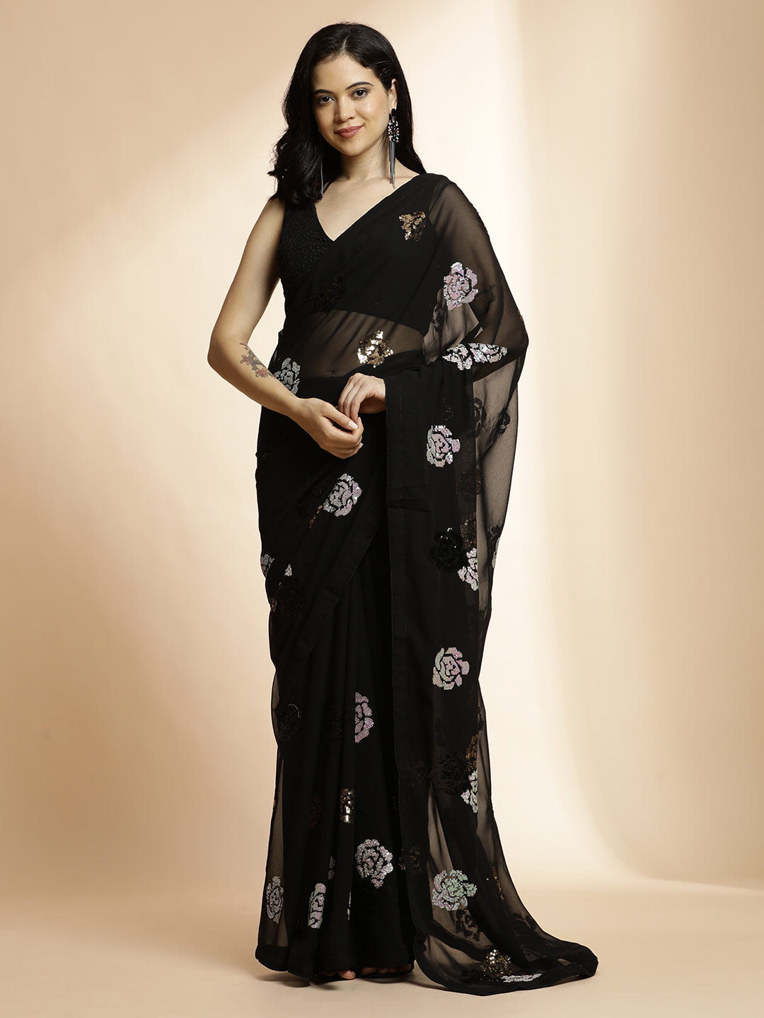 Party Wear Sequin Embellished Black Saree