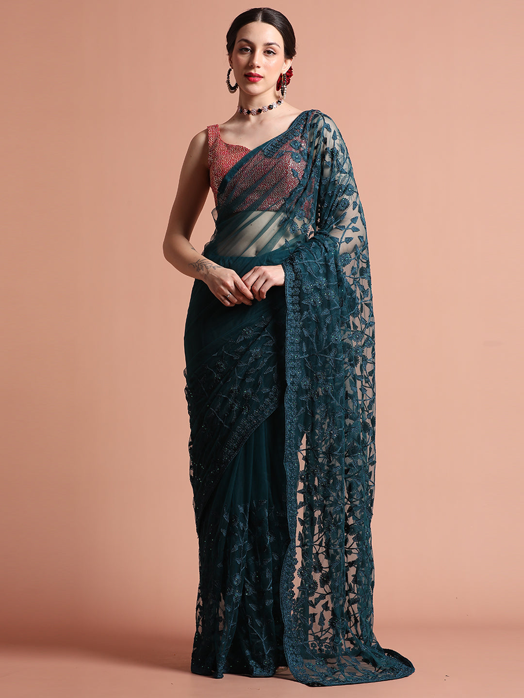 Teal Party Wear Floral Embroidered Net Saree