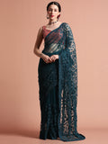 Teal Party Wear Floral Embroidered Net Saree