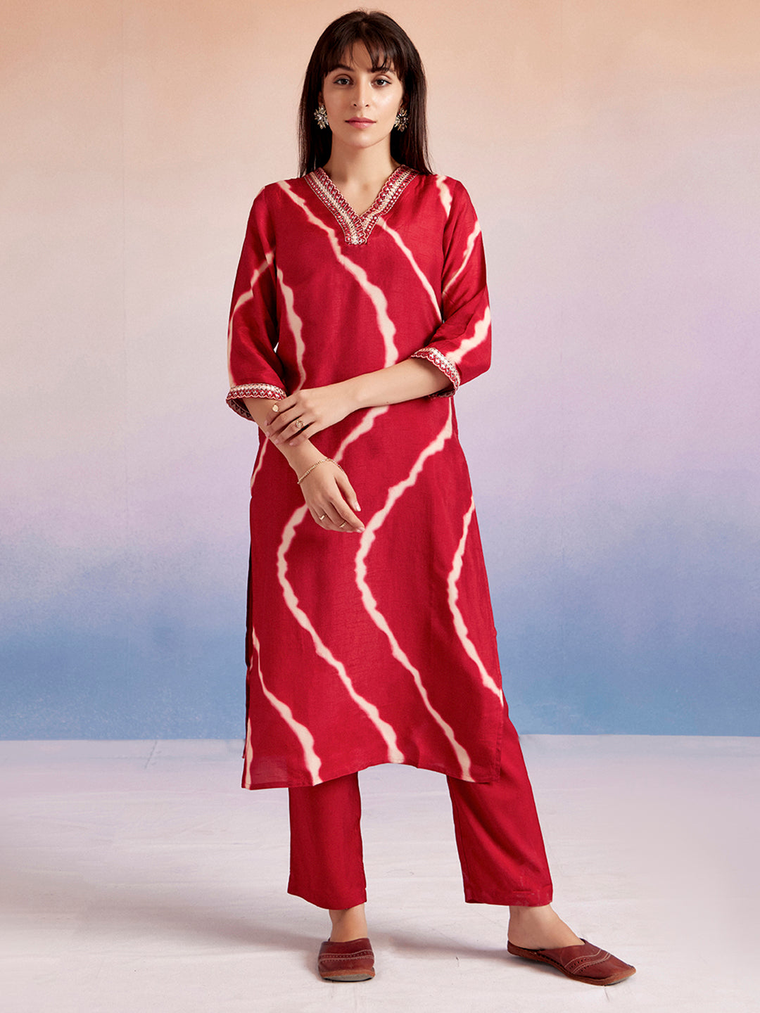 Red Embroidered Leheriya Kurta Set