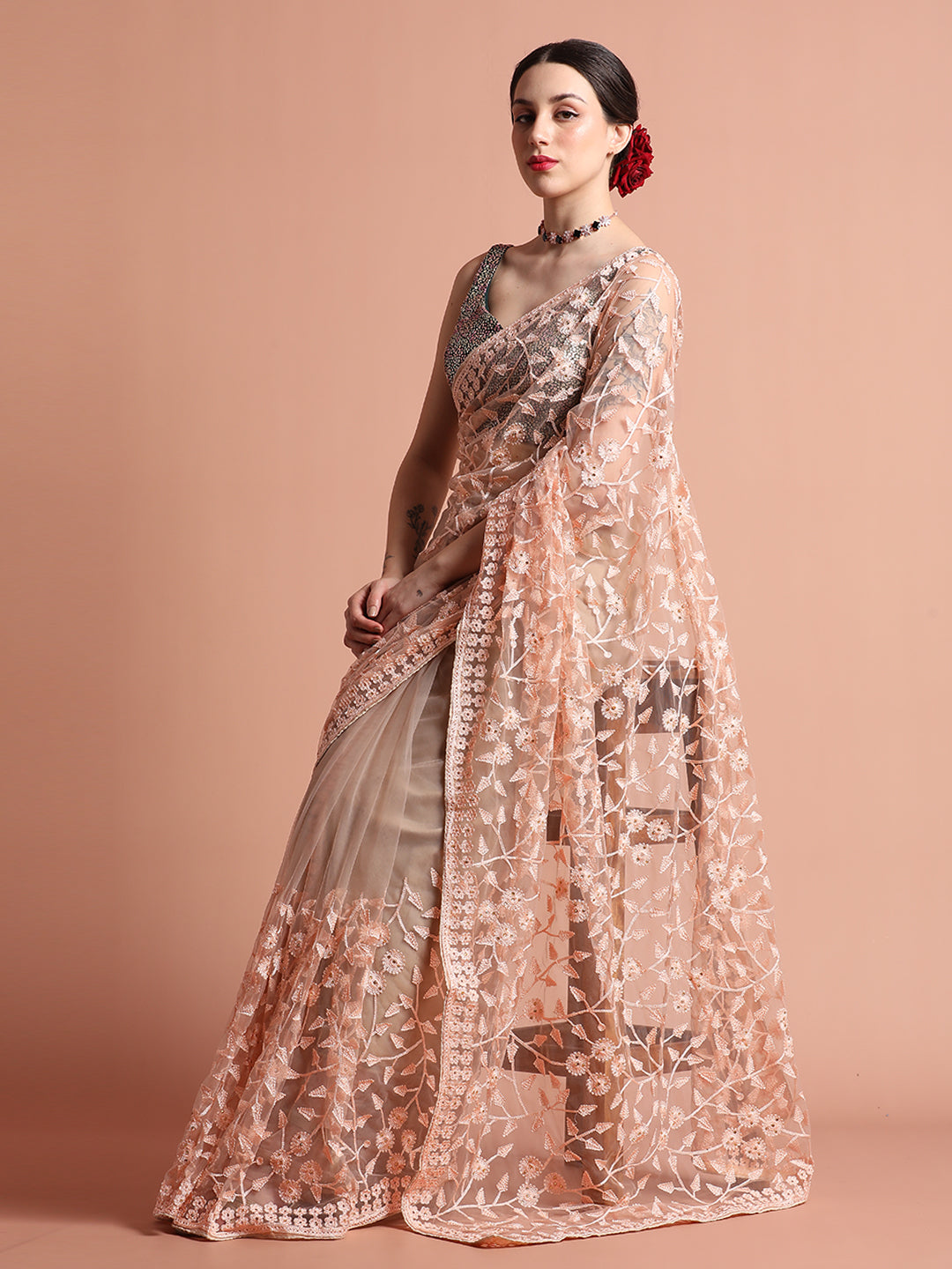 Party Wear Floral Peach Embroidered Net Saree