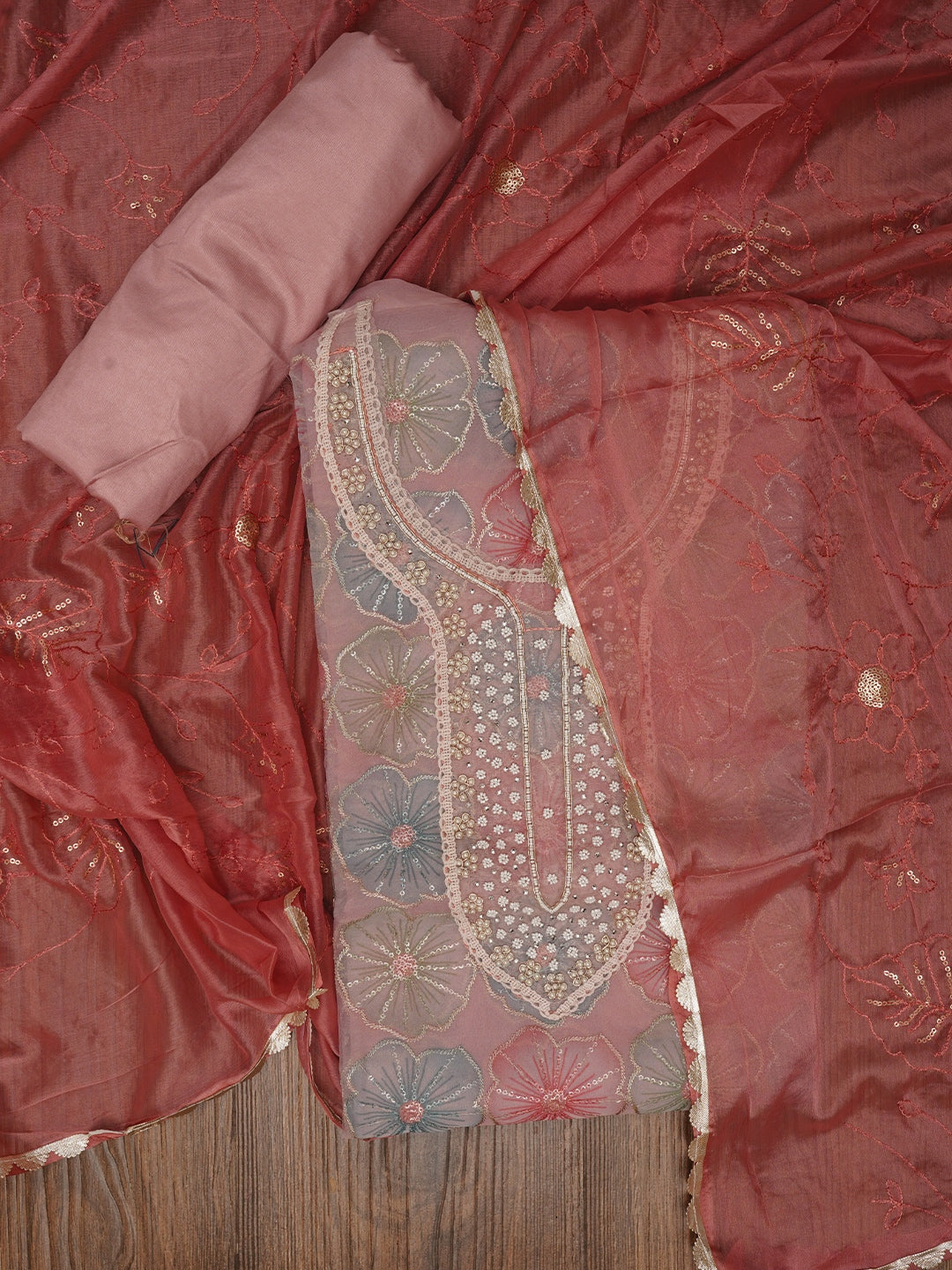 Peach Floral Sequin Embroidered Organza Dress Material with Dupatta