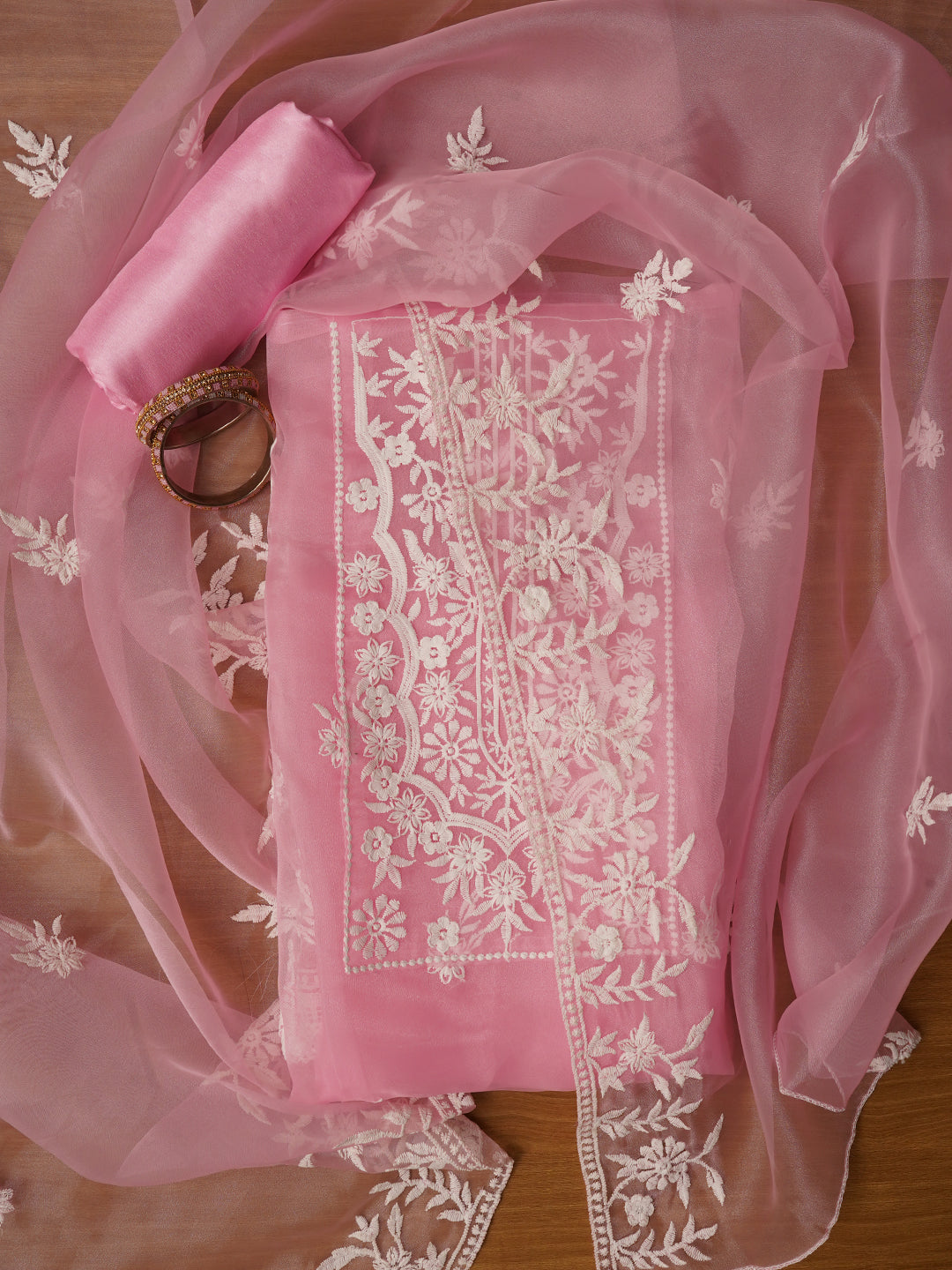 Baby Pink Thread Embroidered Organza Festive Dress Material with Dupatta