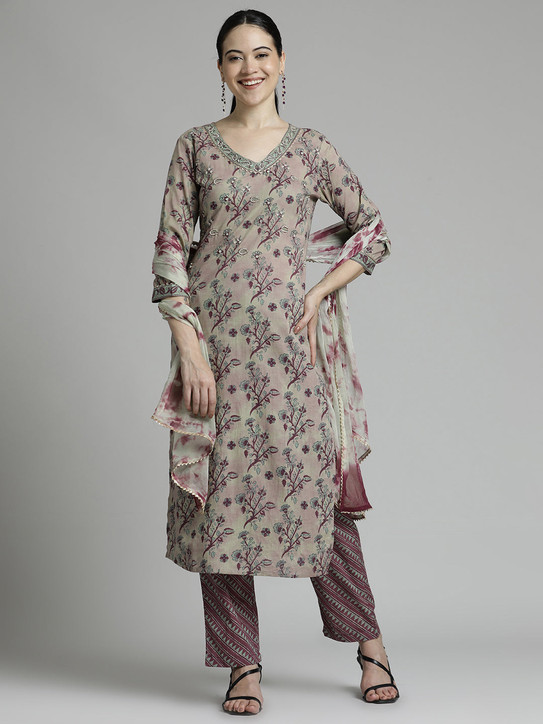 Pure Cotton Floral Kurta Set With Dupatta