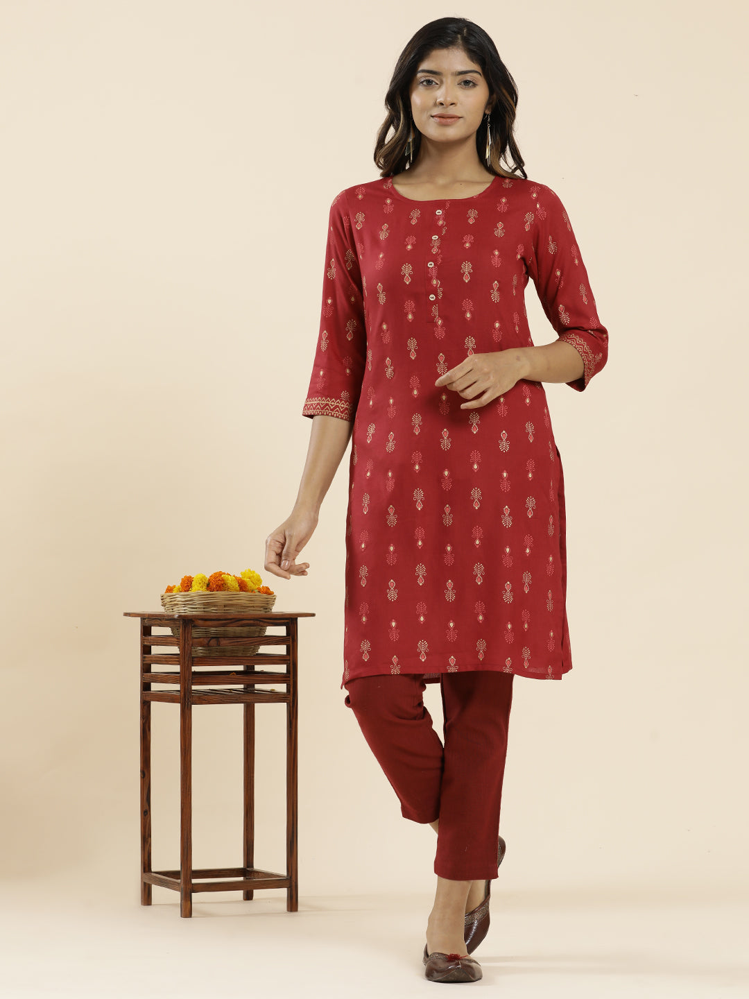 Rust Ethnic Motif Printed Straight Kurta