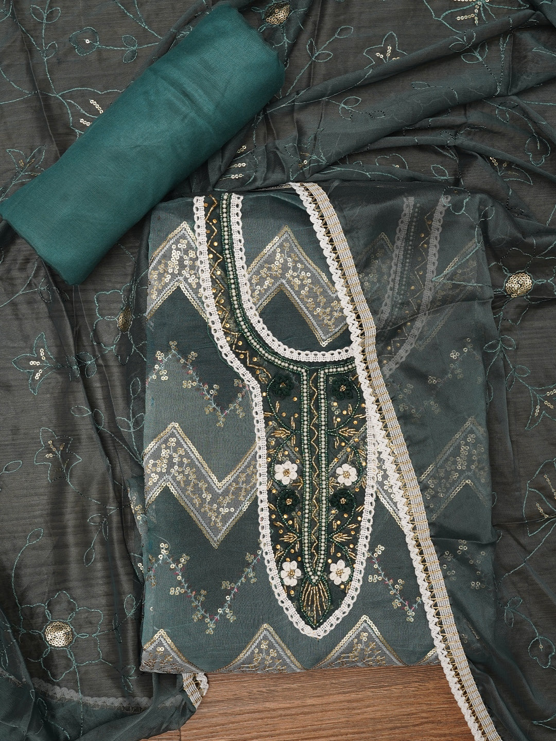 Green Sequin Embroidered Organza Dress Material with Dupatta