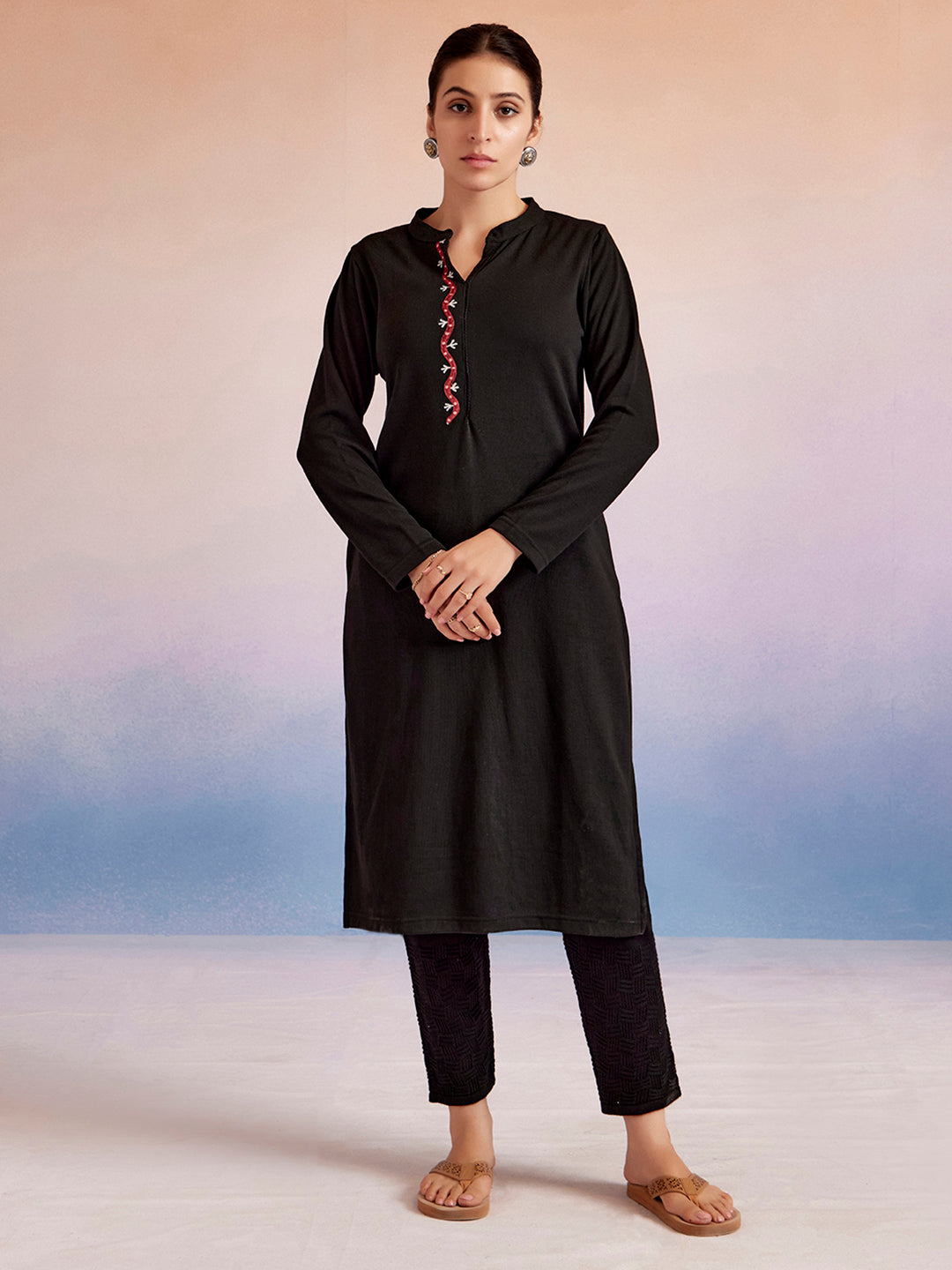 Black Embroidered Straight Woolen Kurta