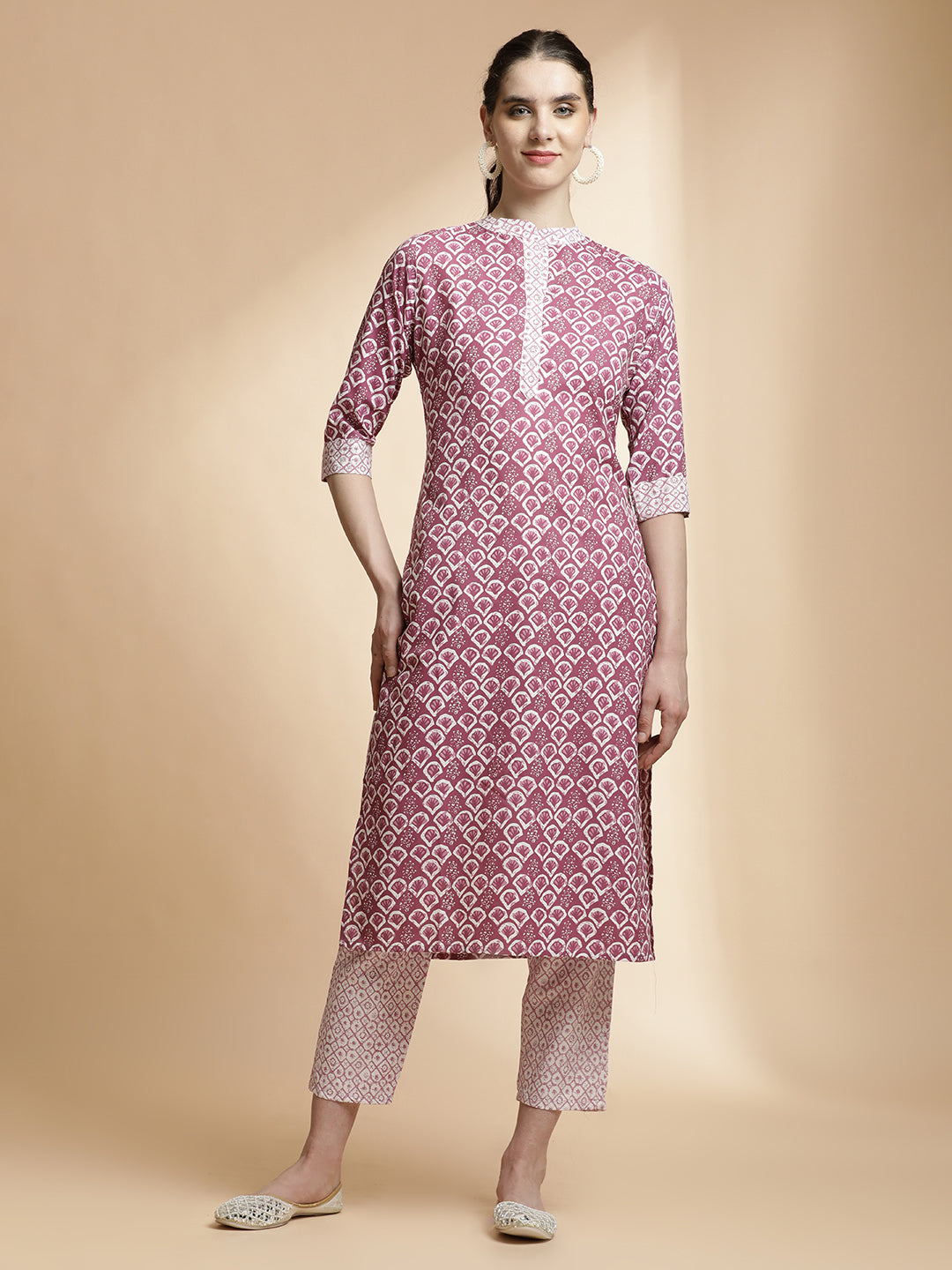 Purple Ethnic Motif Printed Cotton Blend Kurta Set