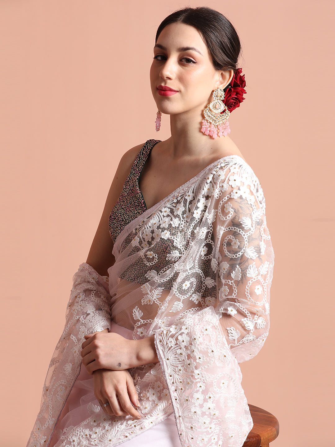 Party Wear Floral Baby Pink Embroidered Net Saree