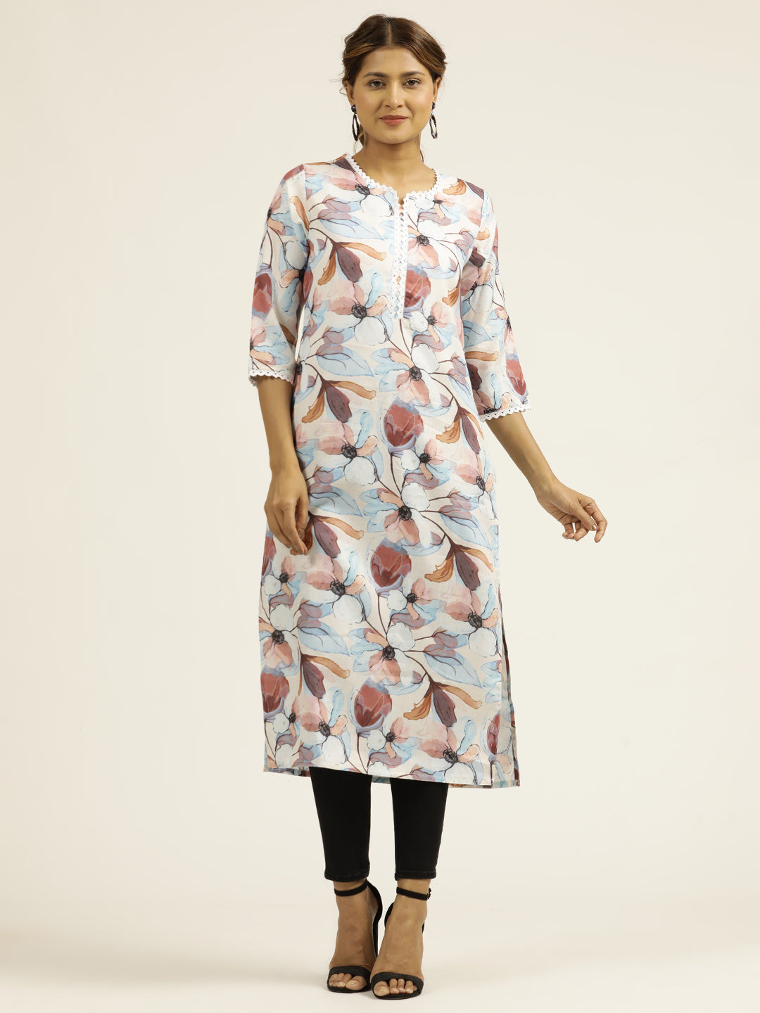 Brown Floral Printed Straight Kurta