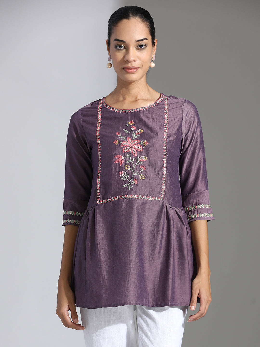 Purple Embroidered Party Wear Peplum Top