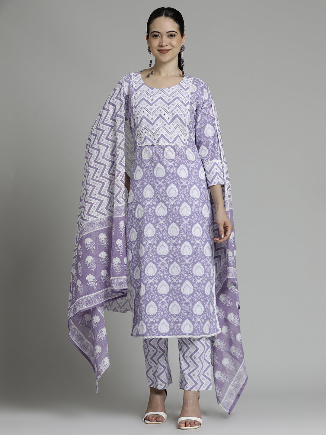 Lavender Ethnic Printed Cotton Kurta Set With Dupatta