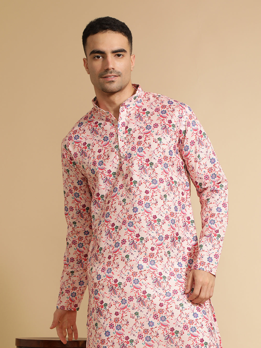 Beige Floral Printed Cotton Kurta for Men