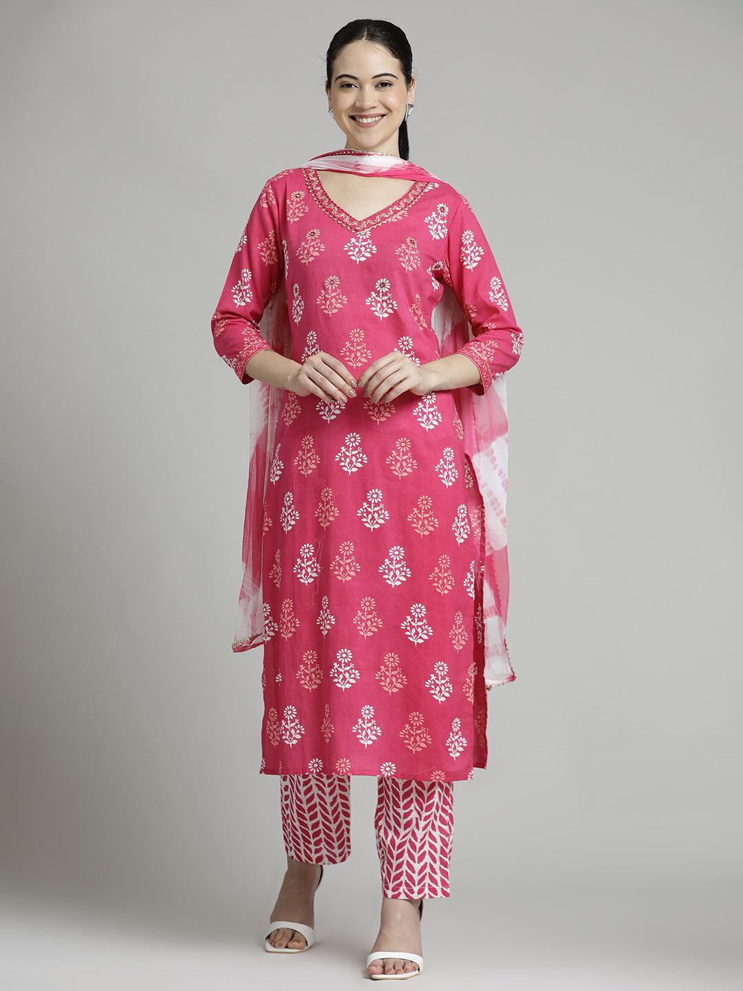 Ethnic Printed Pure Cotton Pink Suit Set