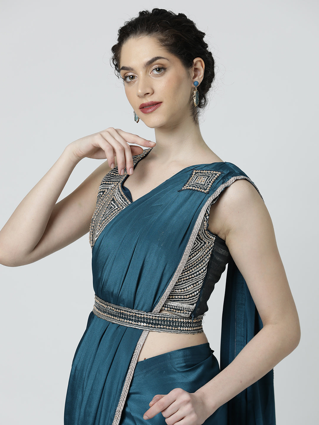 Light Teal Pure Crepe Readymade Saree with Readymade Blouse