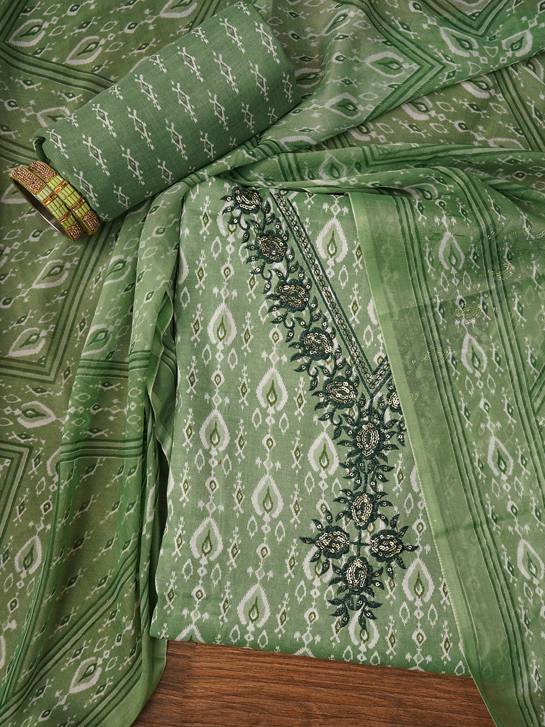 Green Unstitched Printed Pure Cotton Dress Material With Dupatta