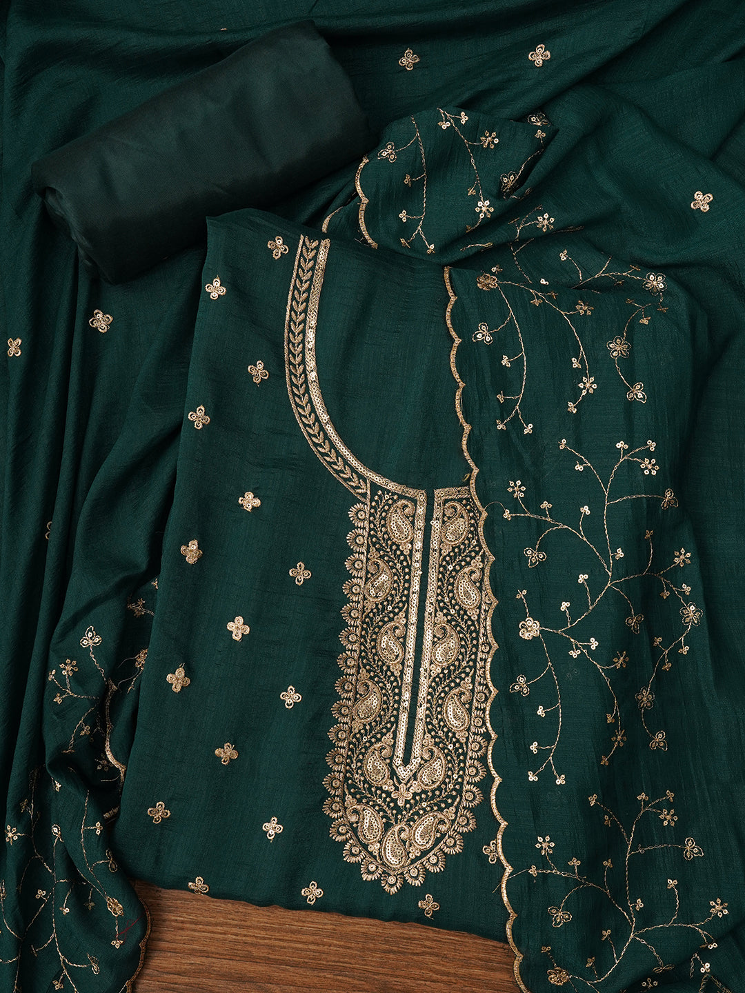 Unstitched Embroidered Cotton Blend Green Dress Material With Dupatta