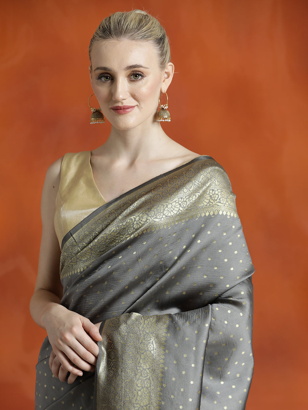 Grey Silk Banarasi Zari Woven Party Wear Saree