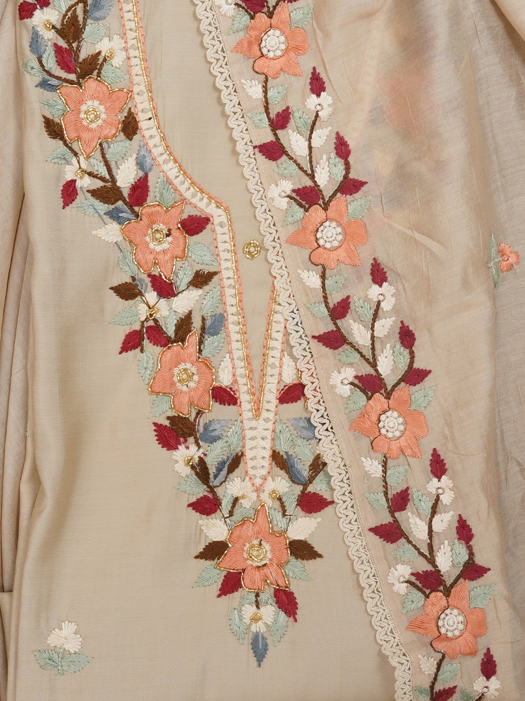 Cream Pure Silk Lucknowi Embroidered Dress Material with Dupatta