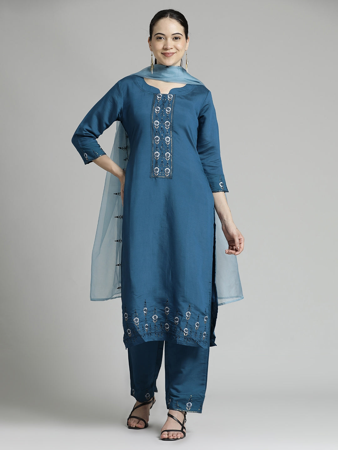 Blue Embroidered Chinon Kurta Set With Dupatta