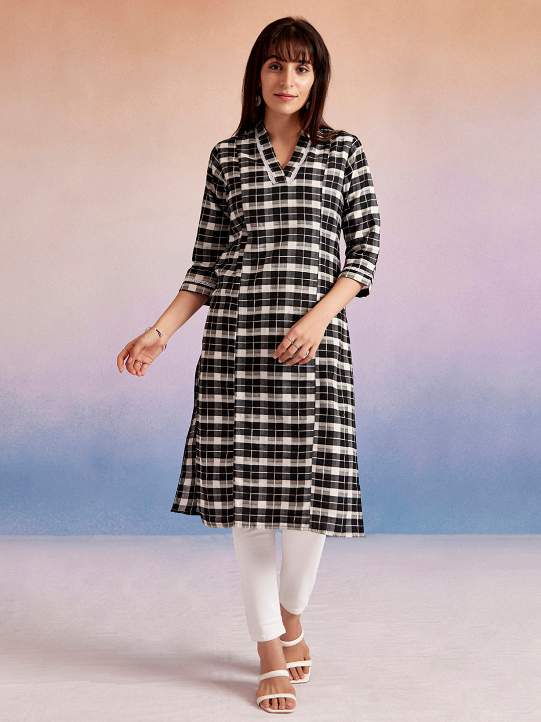 Cotton Blend Checked Straight Kurta