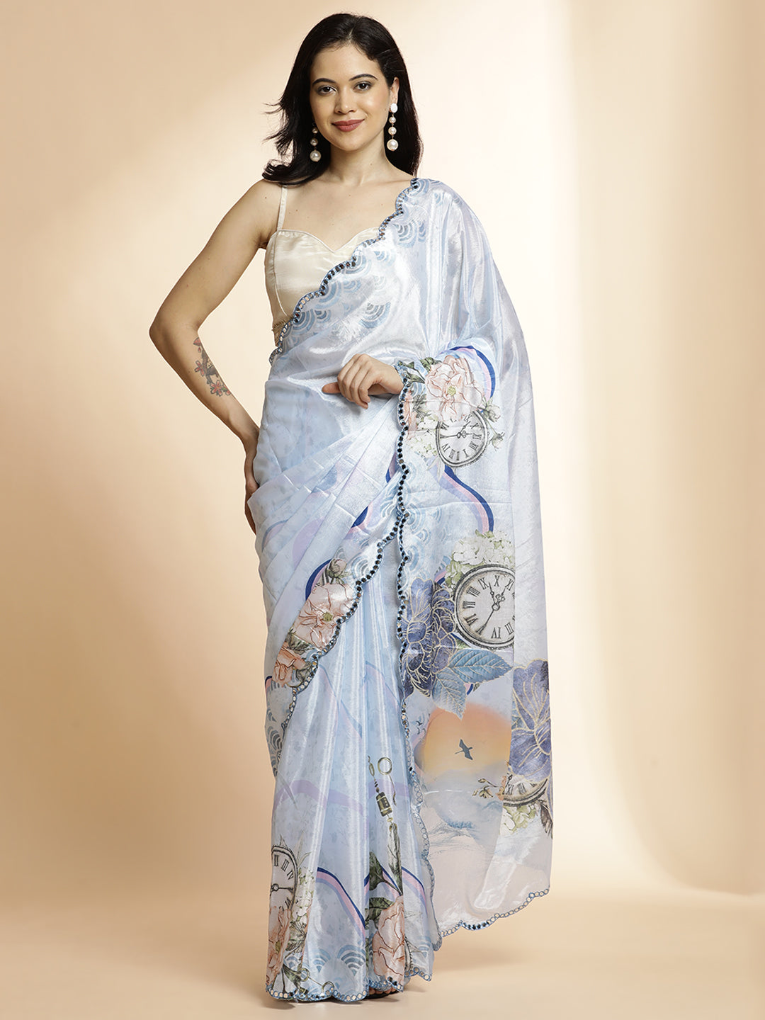 Sky Blue Floral Printed Mirror Work Satin Saree