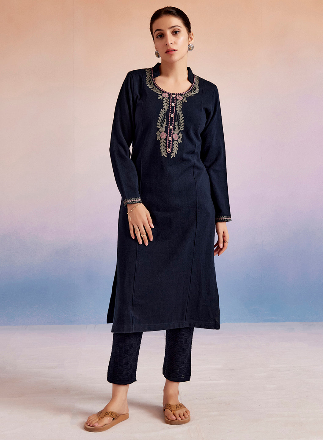 Navy Blue Embroidered Woolen Straight Kurta