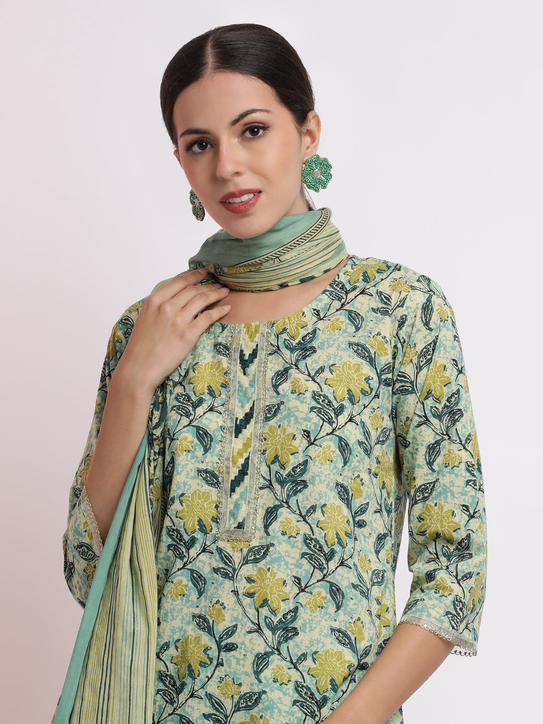 Floral Printed Cotton Kurta Set With Dupatta