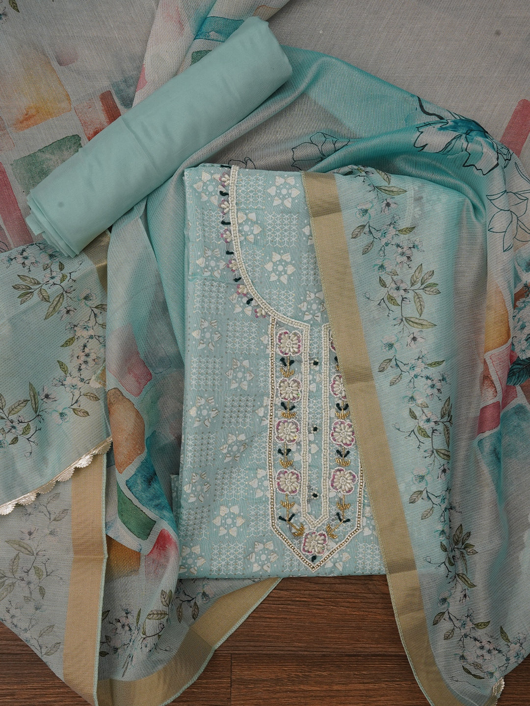 Sea Green Printed Embellished Cotton Dress Material with Dupatta