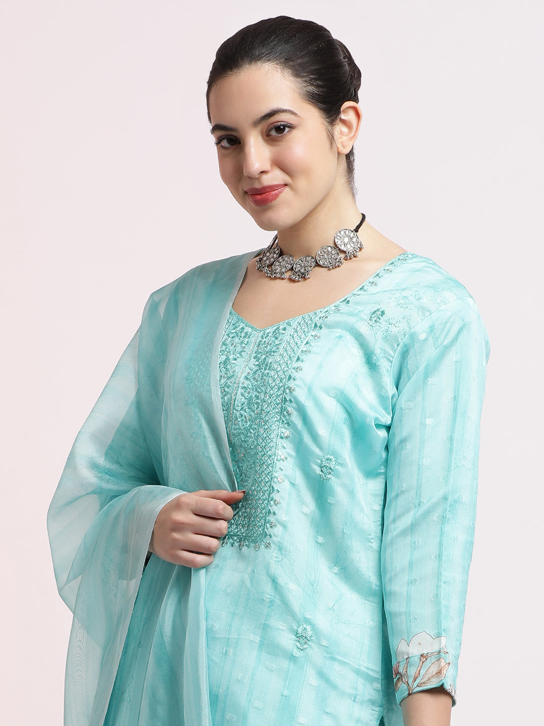 Sea Green Woven Design Organza Kurta Set With Dupatta