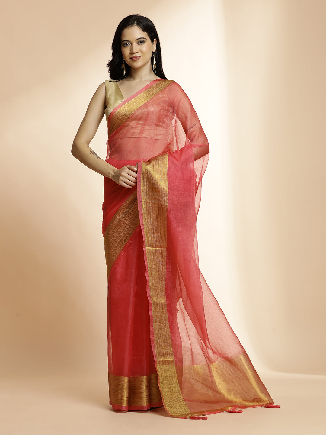 Pink Woven Khadi Organza Saree